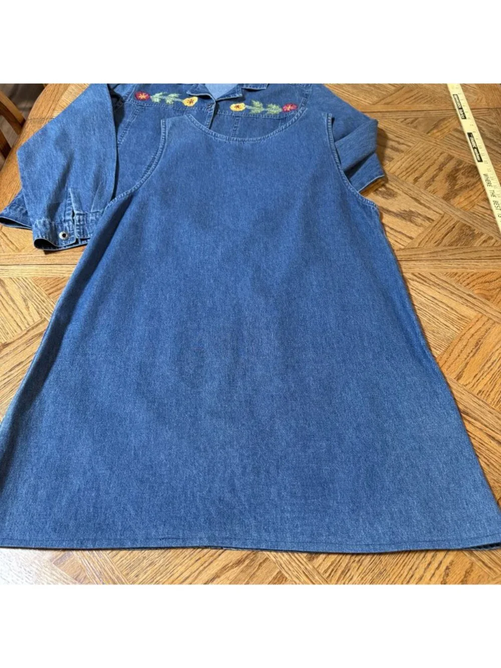 Floral Embroidered Denim Jumper Dress & Button-Up Jacket Set Large Cotton - Picture 8 of 13